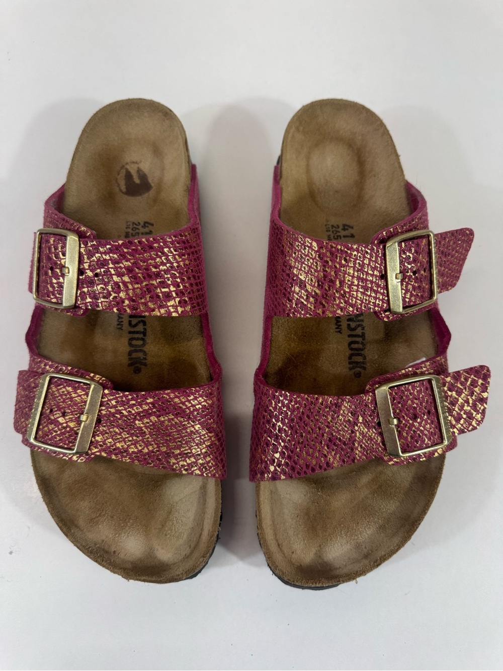 Birkenstock 41 Arizona Metallic Pink & Gold Snake-Print Sandals Womens 10